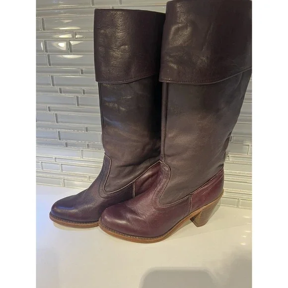 Vintage Dexter High Burgundy Leather Heeled 5 1/2M Boho Cuffed Boots - Picture 1 of 12